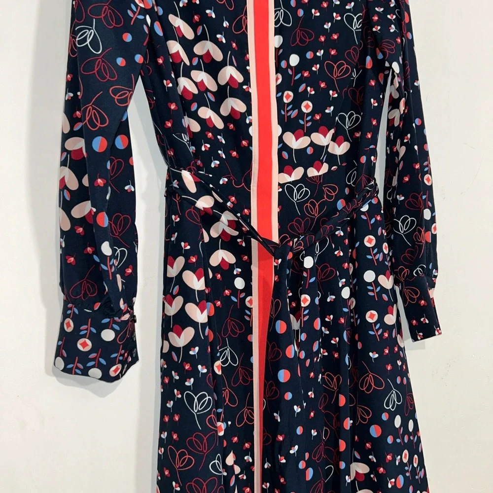 Boden Navy Floral-Print Long-Sleeve Shirt Dress with Coral Trim - Picture 2 of 8